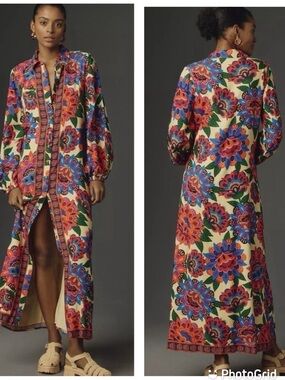 Farm Rio Long-Sleeve Button Front Midi Dress
